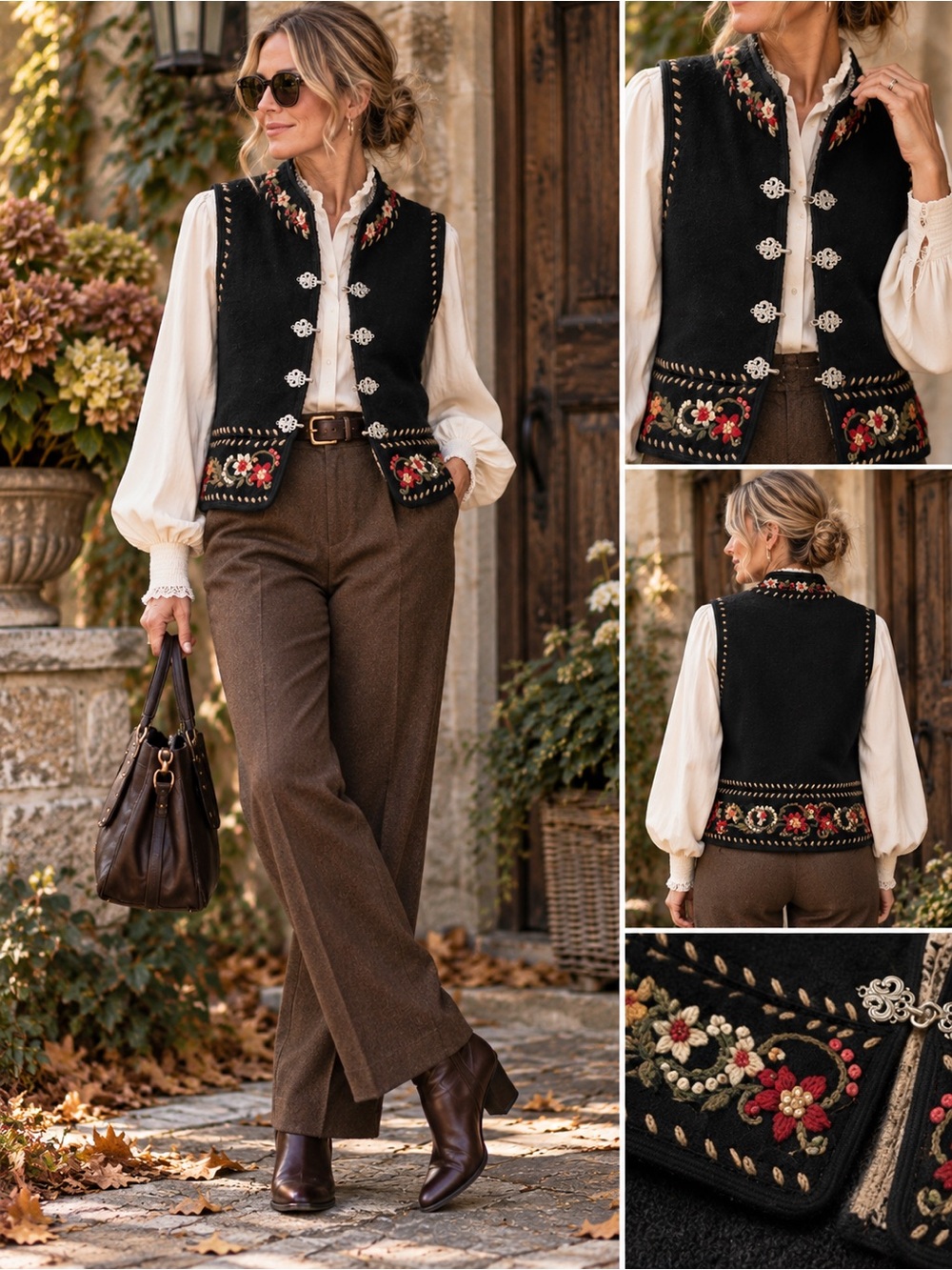 Icelandic Design Wool Embroidered Folk Vest Black Floral Small